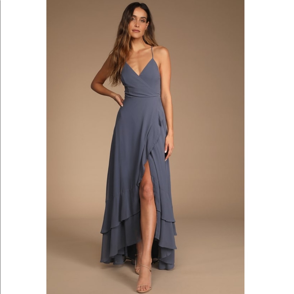 In Love Forever Granite Blue Lace-Up High-Low Maxi Dress • Lulus